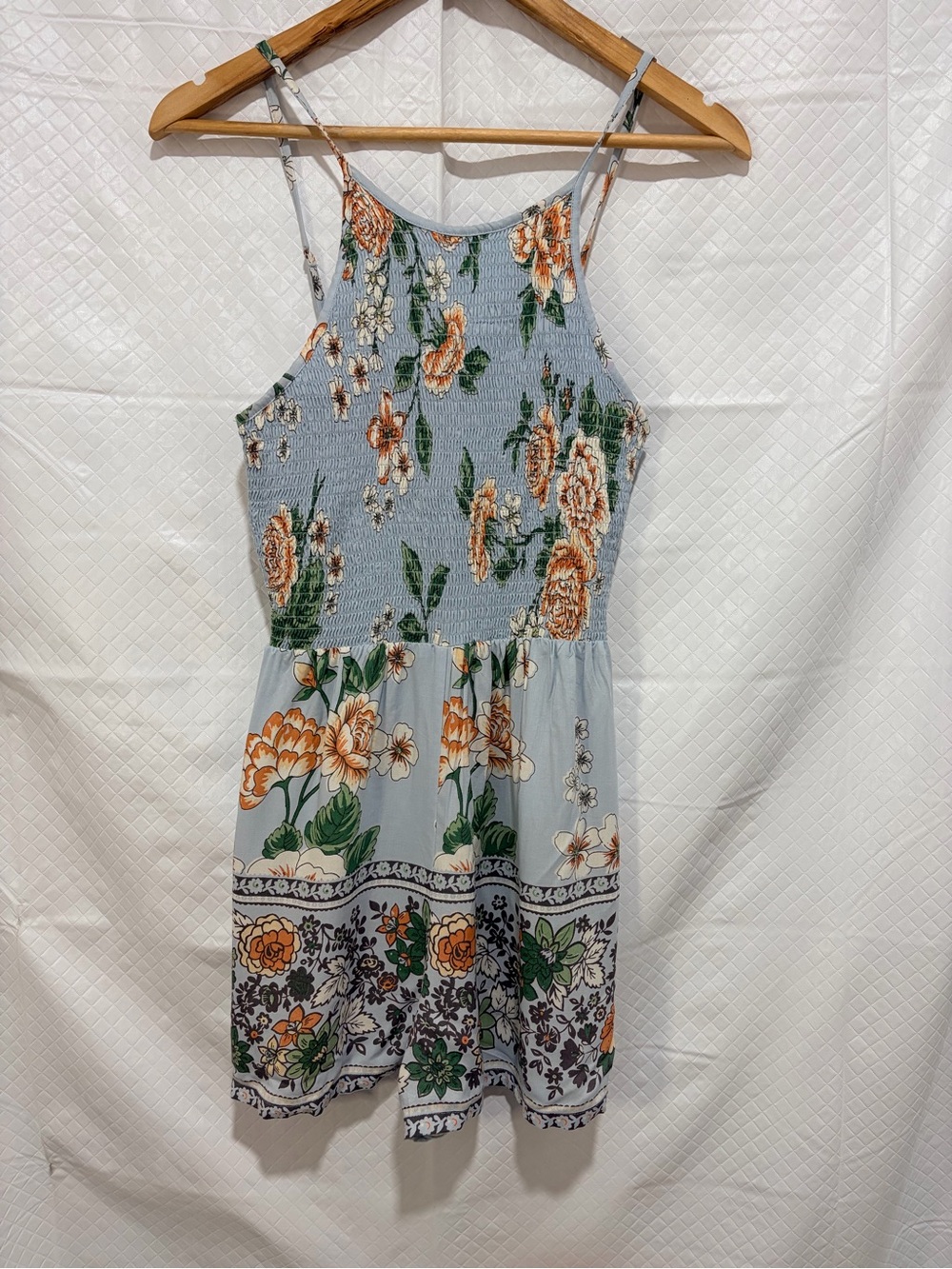 Angie Light Blue Floral Smocked Sundress Romper